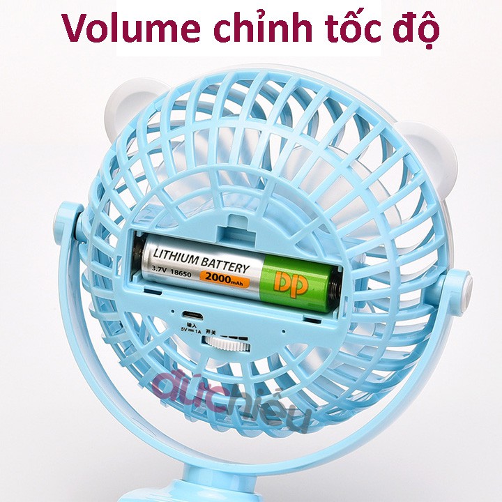 [ Hàng bao đẹp ] Quạt sạc tích điện có volume điều chỉnh tốc độ đế kẹp xoay 360 độ 7608 | Đức Hiếu Shop