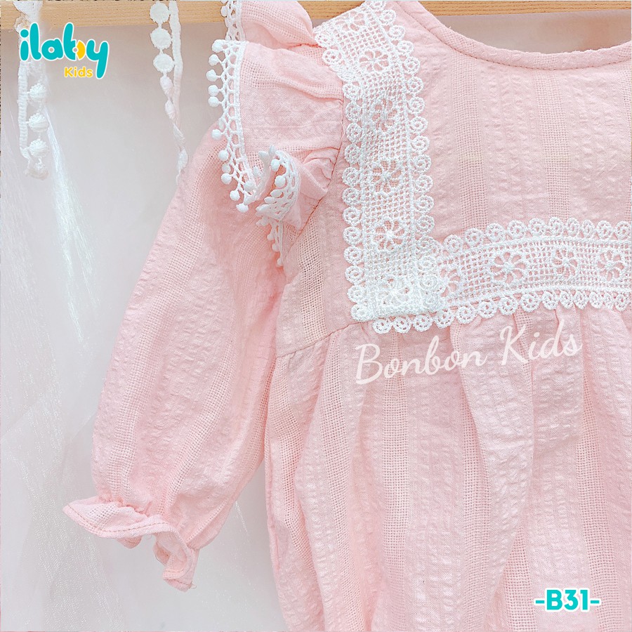 Bodysuit cho bé sơ sinh ILABY thô thêu phối ren vuông từ 3 - 18 tháng tuổi [B31]