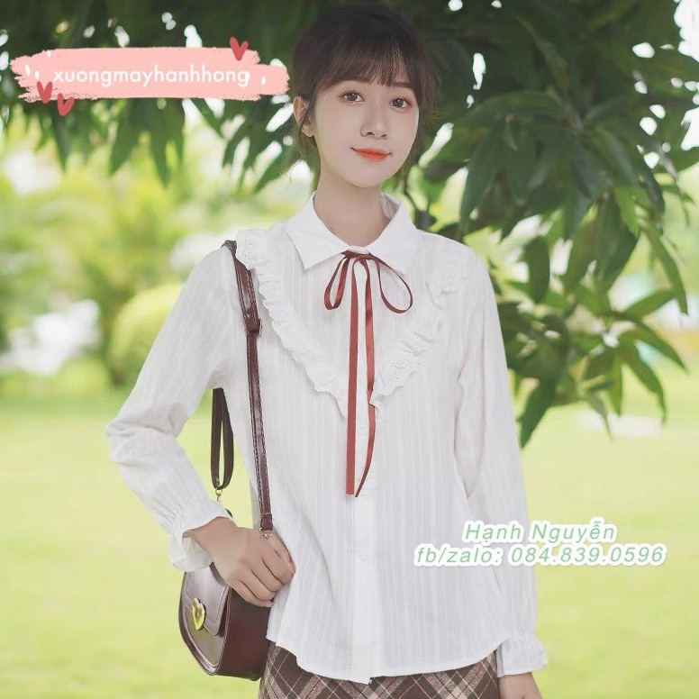 Áo sơ mi trắng nữ viền bèo ulzzang buộc nơ Hàn Quốc