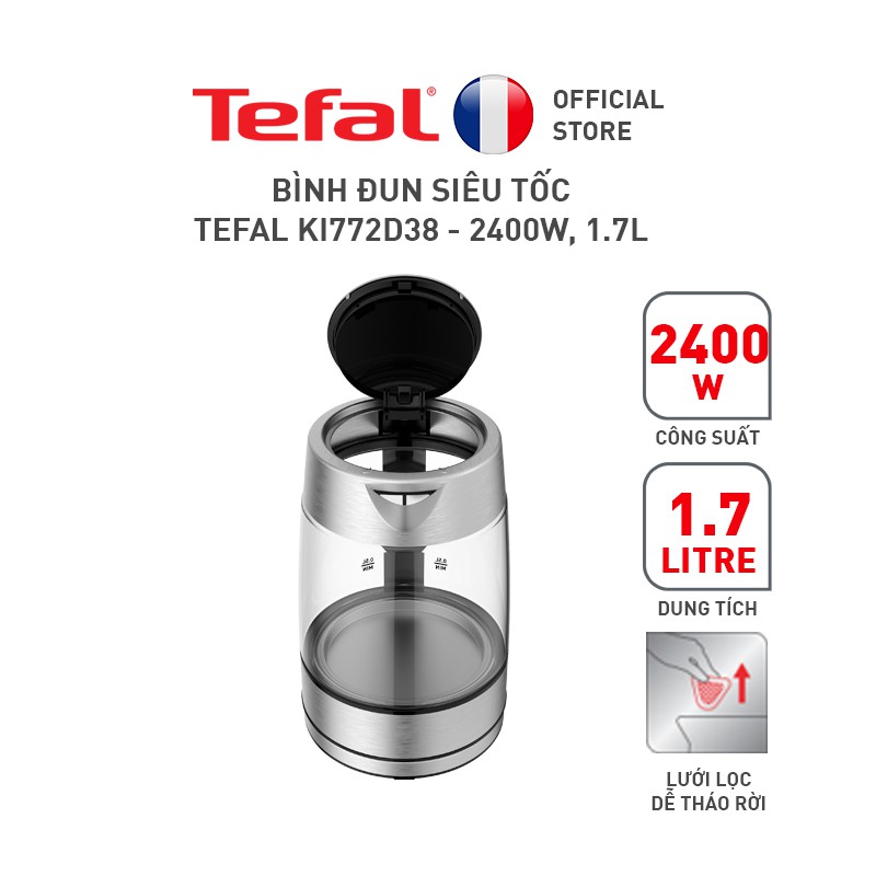 [Mã ELTF03 giảm 10% đơn 500K] Bình đun siêu tốc Tefal KI772D38 - thủy tinh - 2400W, 1.7L