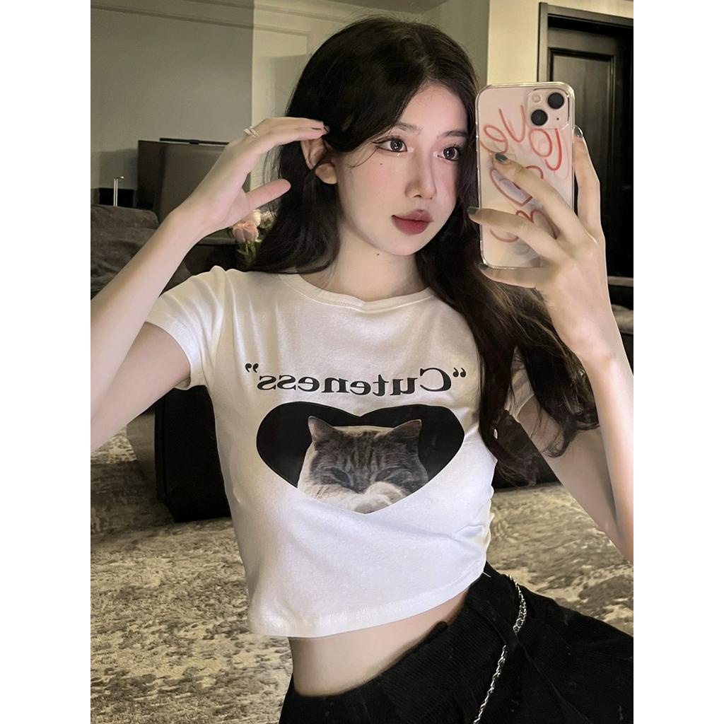 Áo Thun Ngắn Tay Dáng Ôm In Hình Mèo Dễ Thương 51128