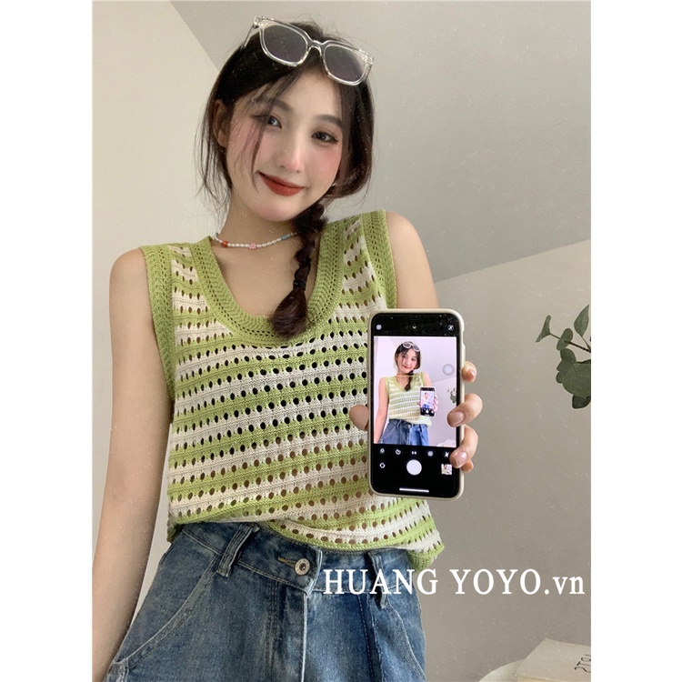 HUANG YOYO  Áo Dệt Kim Sát Nách Dáng Rộng Họa Tiết Kẻ Sọc Thời Trang Mùa Hè Phong Cách Hàn Quốc Cho Nữ