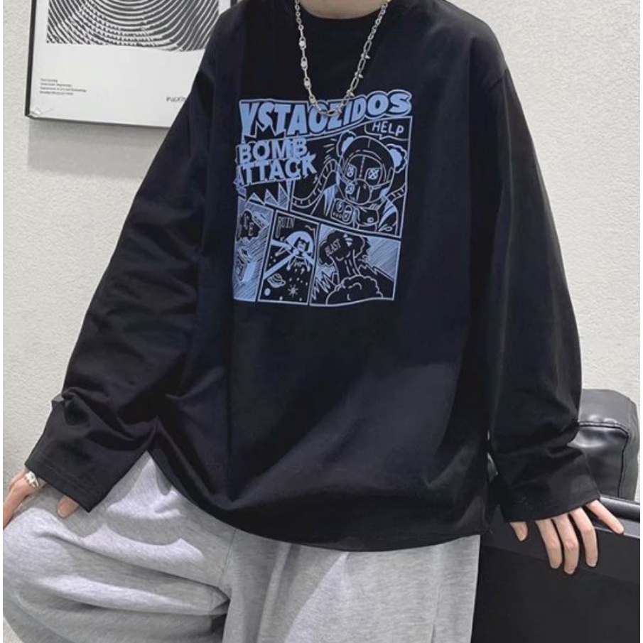 Áo thun tay dài cổ tròn in hình anime thời trang cho nam và nữ