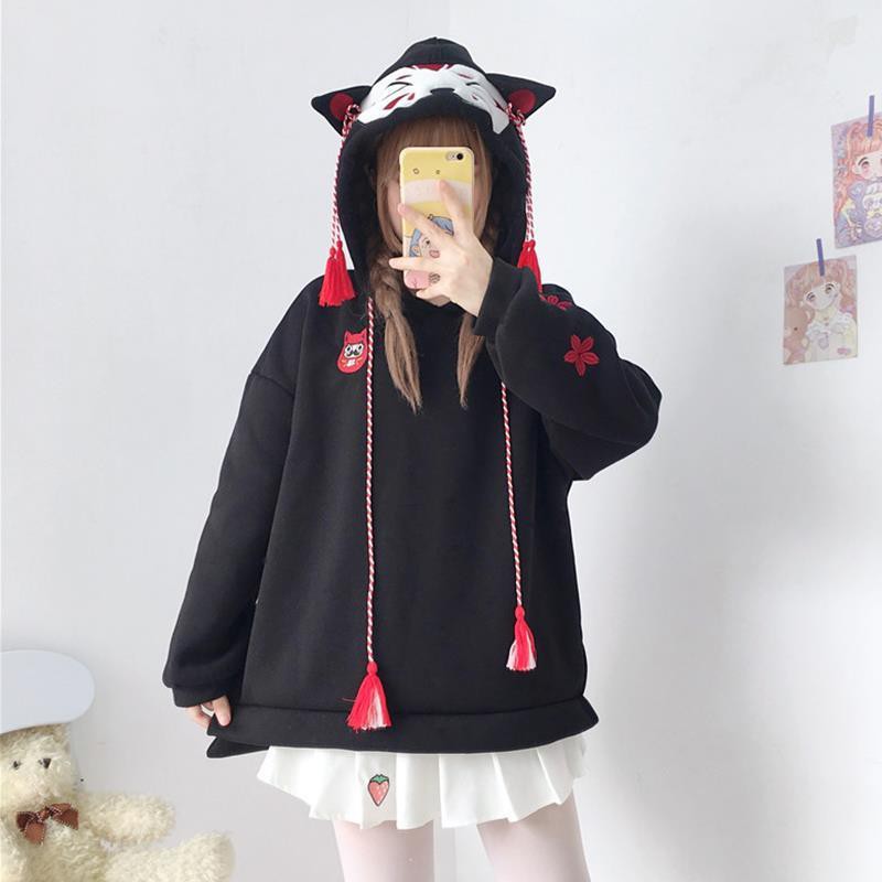 【COD & Ready stock】Áo hoodie dáng rộng thiết kế tai mèo dễ thương phong cách Nhật Bản dành cho nữ
