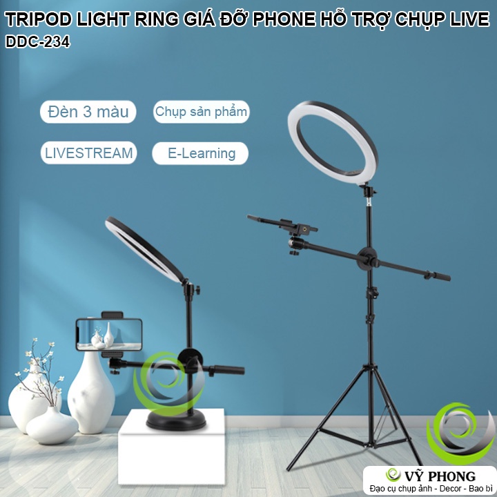 TRIPOD RING LIGHT CHÂN ĐẾ GẮN ĐIỆN THOẠI 360 ĐỘ GIÁ ĐỠ CHỤP ẢNH GÓC THẲNG ĐỨNG CÓ ĐÈN VIỀN TRÒN SÁNG 3 MÀU DDC-234