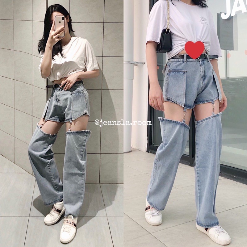 ⚡FREESHIP⚡ Quần Culottes - Short Jeans JEANSLA Xanh nhạt tháo rời biến hóa dài - short Cạp cao ống rộng cá tính [#QJL30]