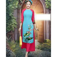 Set áo dài cách tân in hoa kèm mấn đội