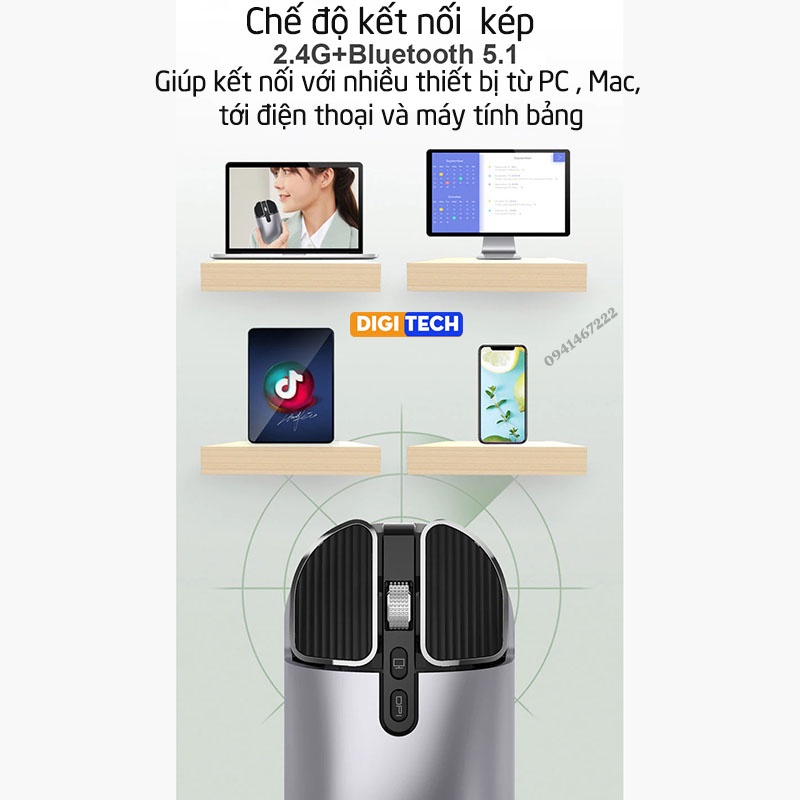 Chuột không dây thông minh M203 chế độ kép bluetooth+ 2.4ghz cho điện thoại, máy tính bảng, PC, pin sạc, nhiều chức năng