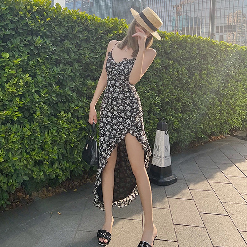 Đầm Hai Dây Eo Cao In Hoa Phong Cách retro Thời Trang Hàn Quốc