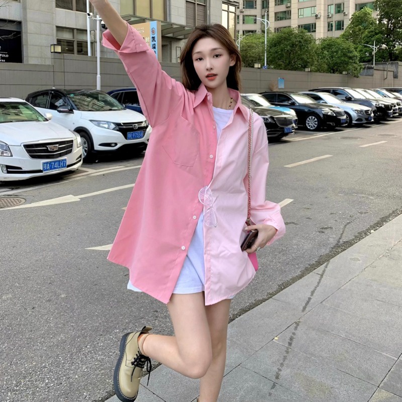 Áo Sơ Mi Chống Nắng Tay Dài Dáng Rộng Màu Tương Phản Thời Trang Hàn Quốc Cho Nữ