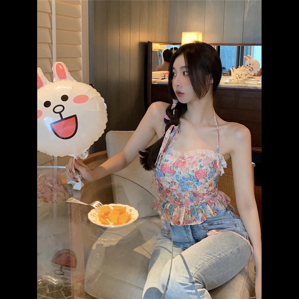 Jiashucheng Hàng Có Sẵn Áo Hai Dây Quấn Ngực Họa Tiết Tranh Sơn Dầu Thời Trang Mùa Hè Phong Cách Pháp Cho Nữ