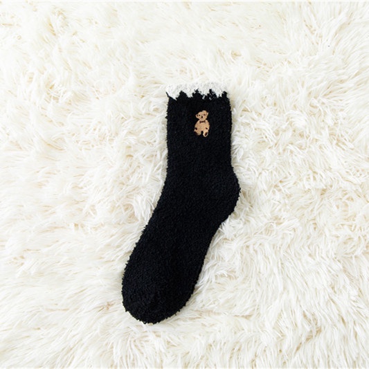 Vớ cotton len lông cừu san hô co giãn cổ cao thêu họa tiết gấu phong cách Hàn Quốc thời trang dành cho nữ