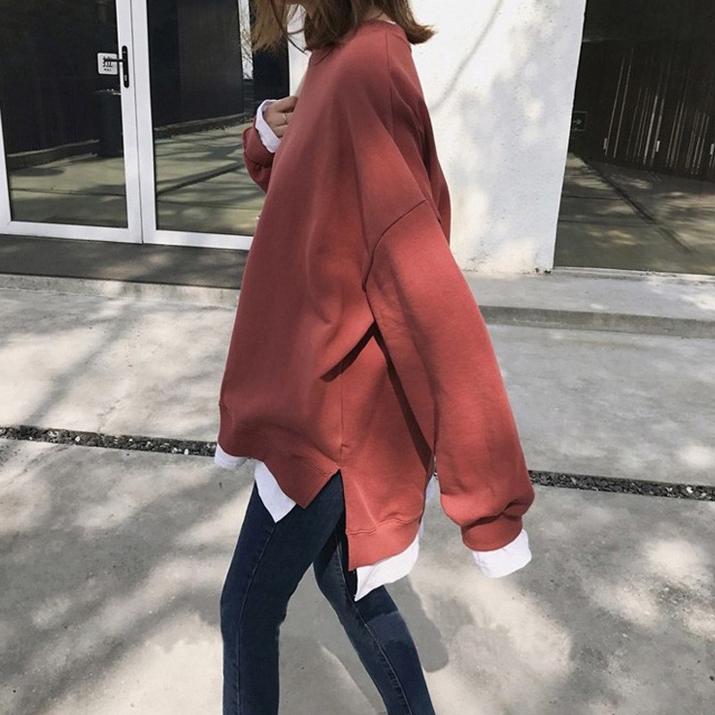 Áo Thun Tay Dài Dáng Rộng Màu Trơn Giả Nhiều Lớp Cá Tính Cho Học Sinh