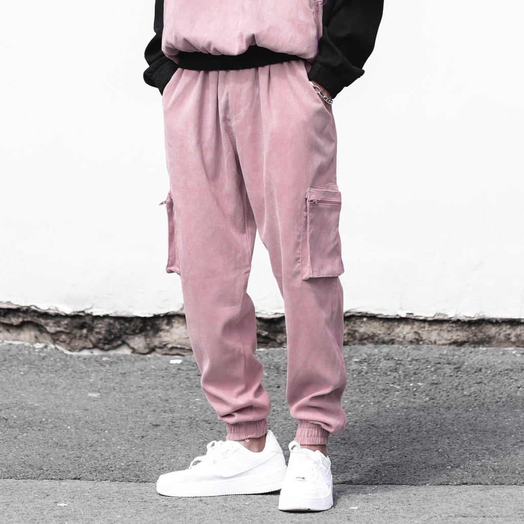 Quần Jogger Túi Hộp Lưng Thun Form Ống Rộng Chất Liệu Ticke Bo Ống Unisex Màu Hồng
