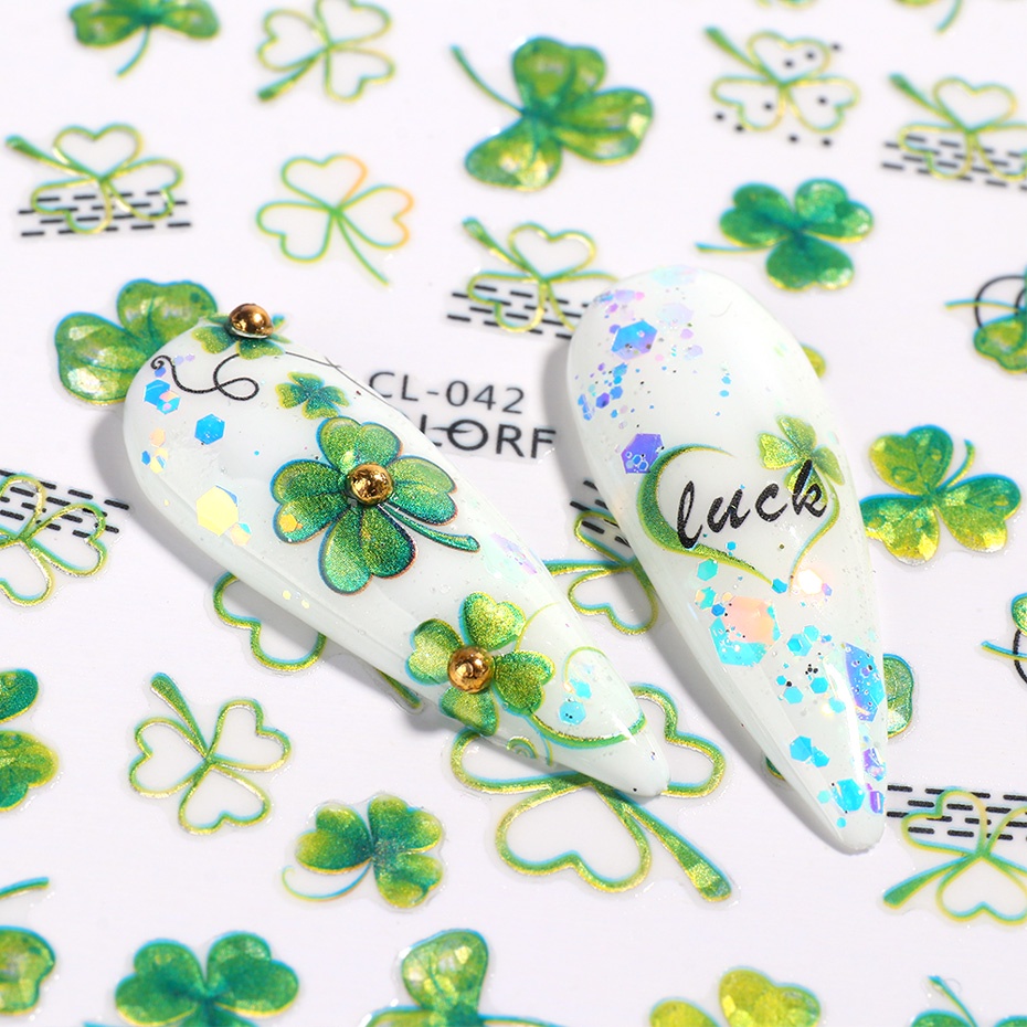 Miếng Dán Trang Trí Móng Tay 3D Hình Cỏ Ba Chiều Màu Xanh Lá Hoa Shamrock Ginkgo Sping