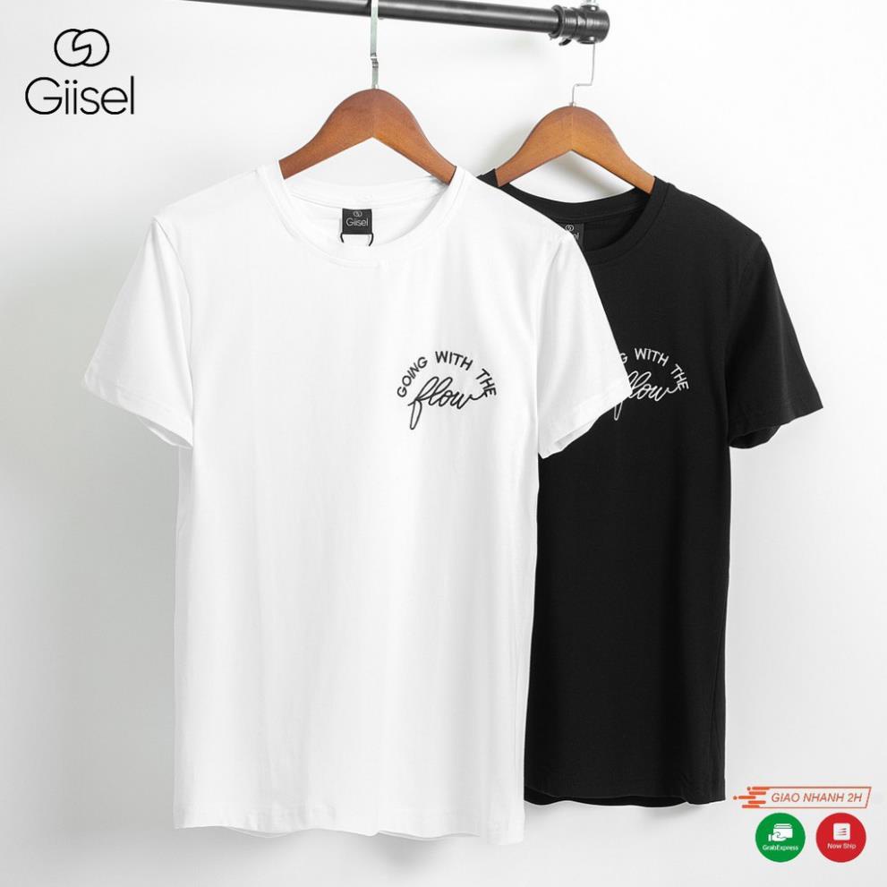 Áo phông thun unisex nam nữ tay ngắn cổ tròn cotton co giãn 4 chiều màu trắng đen - logo thêu chữ Flow !