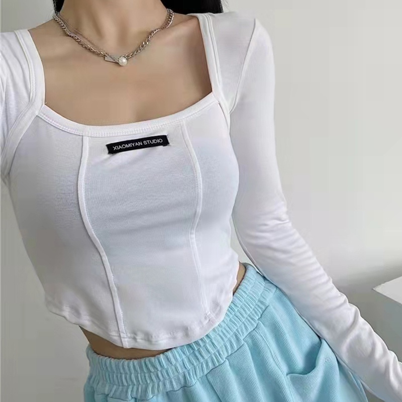 Áo thun croptop tay dài cổ vuông chất liệu Cotton thời trang mùa thu phong cách Hàn Quốc mới cho nữ