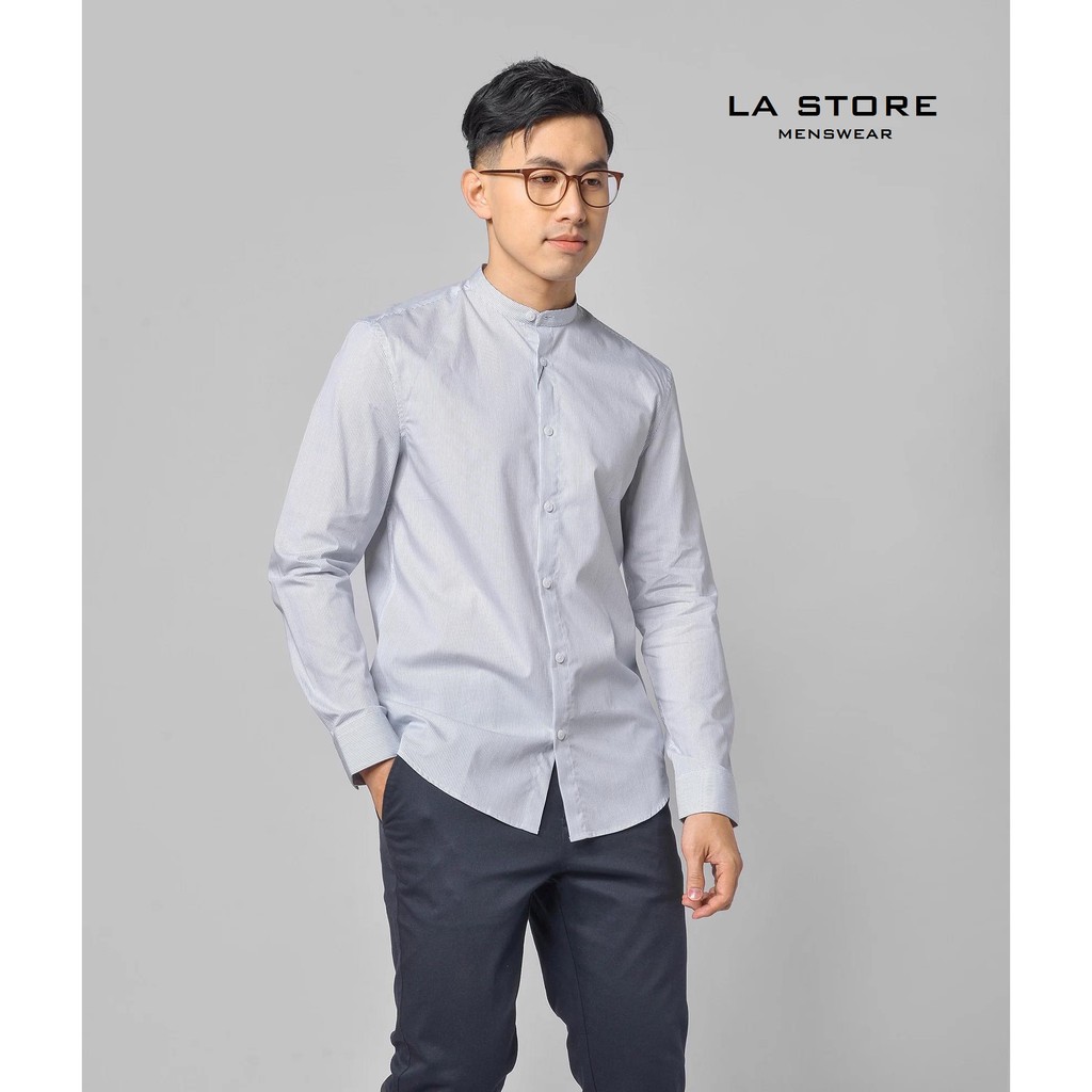 Áo sơ mi ROUTINE - Sơ mi cổ trụ nam màu trắng kẻ sọc xanh navy form fitted - 10F20SHL025 - Shop LASTORE