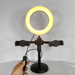 Đèn livestream 3in1 để bàn kẹp 2 điện thoại để bàn Hỗ Trợ Chụp Ảnh Make Up Trang Điểm 3 Chế Độ Sáng-2 kẹp