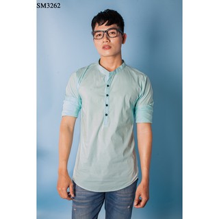 Áo sơ mi nam màu xanh cổ trụ