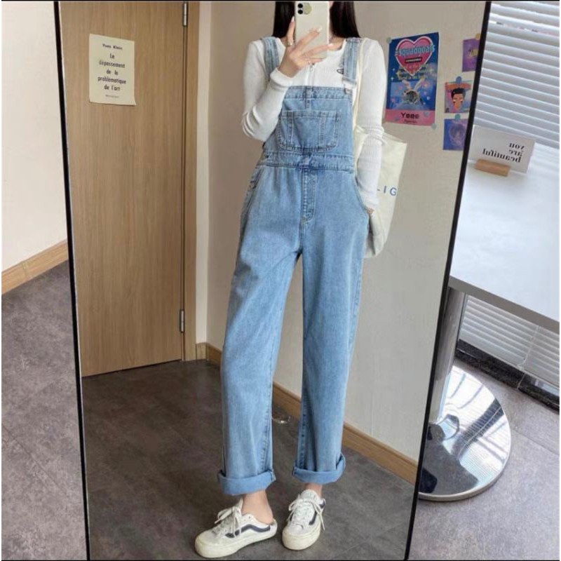 Quần yếm jeans ống rộng dài trơn phủ chân - cá tính - năng động - dạo phố, yếm bò, yếm dài trơn