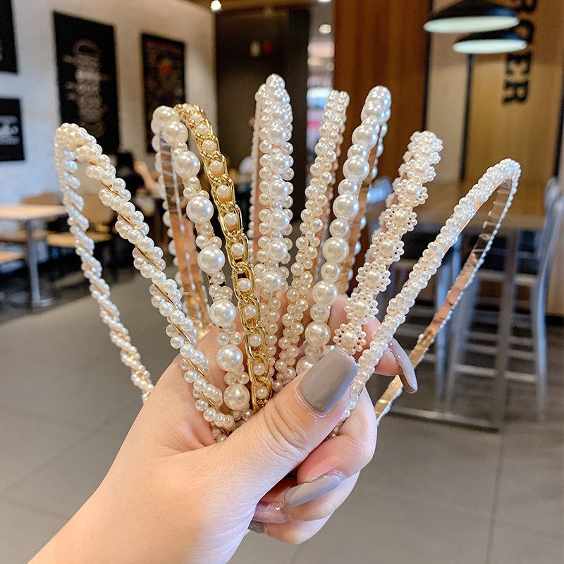 Băng Đô Cài Tóc Đính Ngọc Trai Màu Trơn Thời Trang Hàn Quốc Cho Nữ