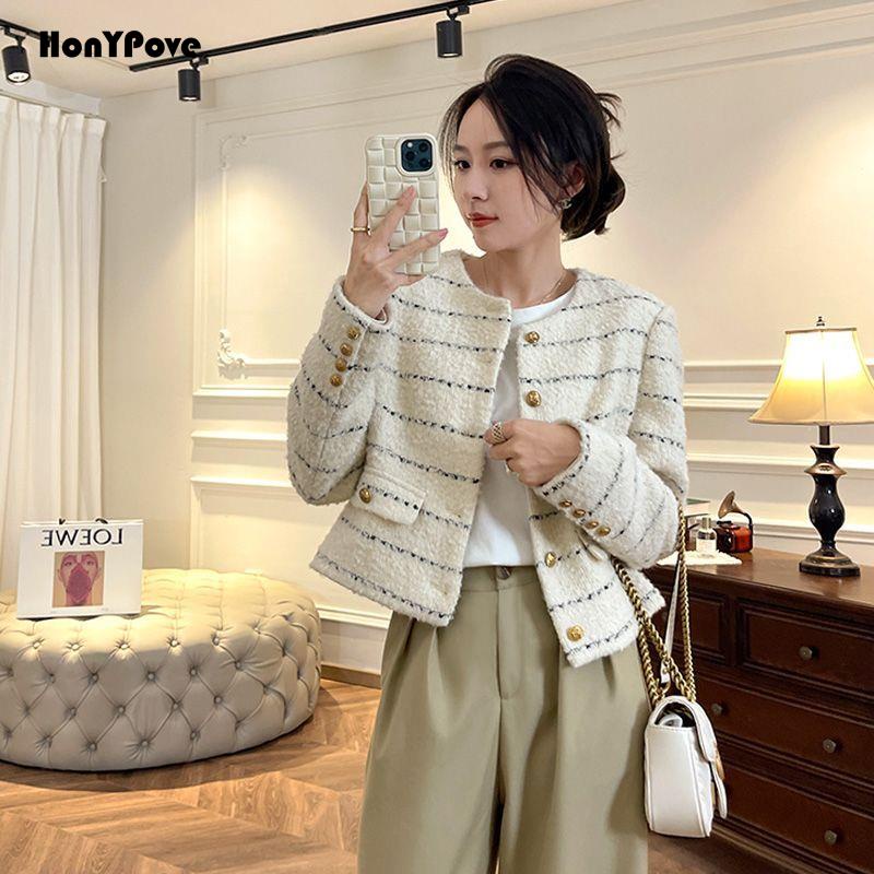 Honypove Áo Khoác Tweed Kẻ Sọc Tay Dài Phong Cách Thời Trang Thu Đông Mới 2022