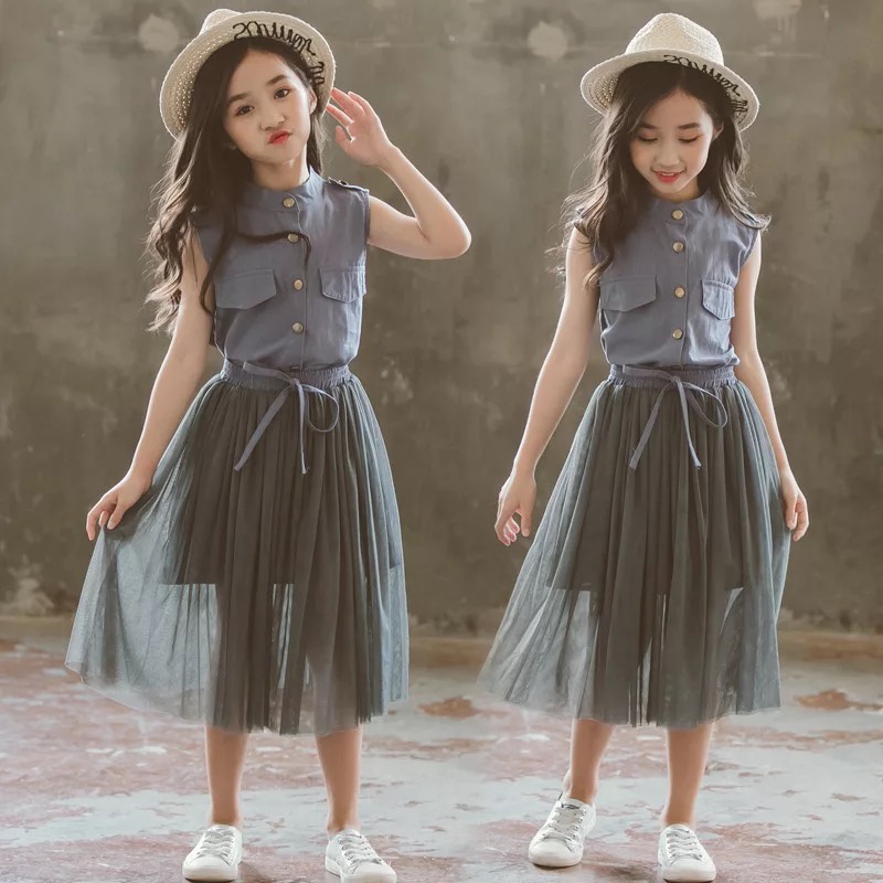 Bộ Áo Thun + Chân Váy Tulle 2022 5 6 8 10 11 12 Tuổi Cho Bé Gái