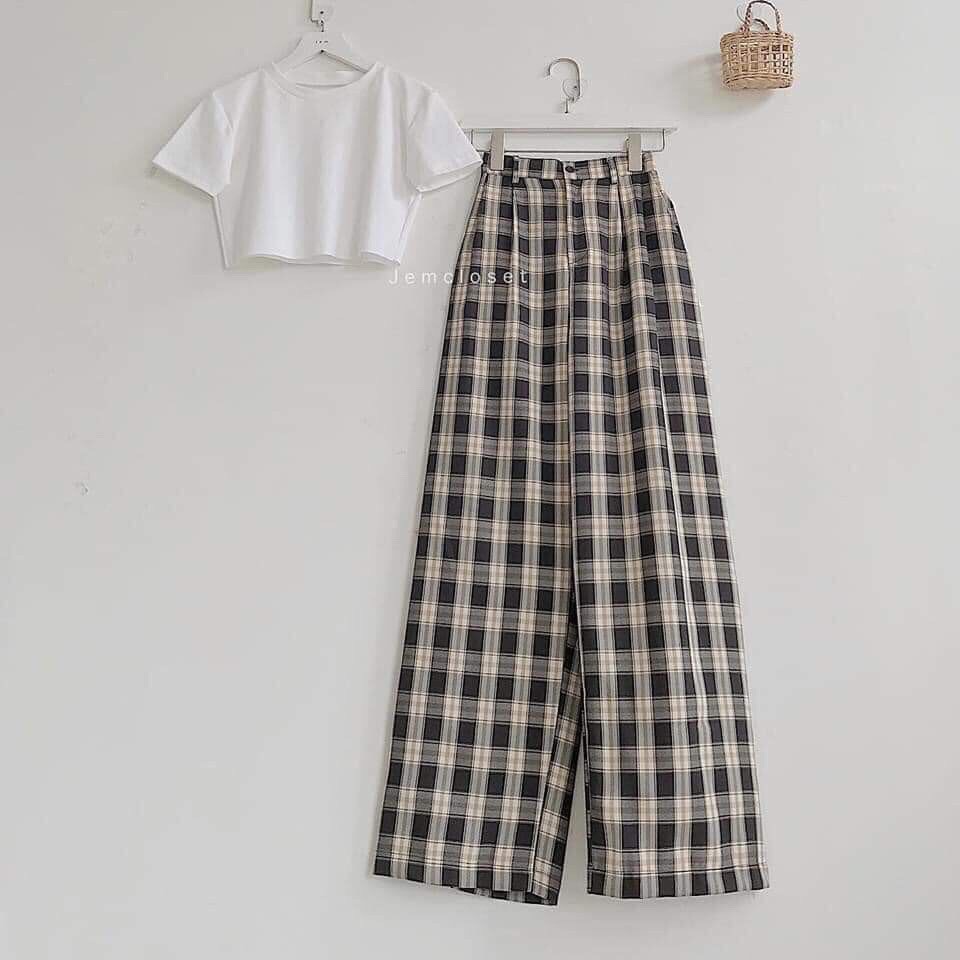 Quần kẻ caro giả cúc lưng thun ống rộng dáng dài ulzzang phong cách hàn quốc/ Quần kẻ sọc ống suông siêu hack dáng | BigBuy360 - bigbuy360.vn