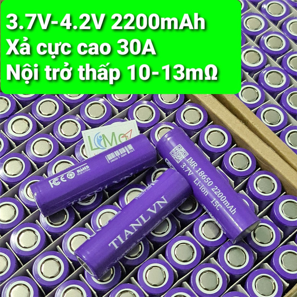 Cell pin 18650 TIANLVN 2200mAh - Dòng xả cực cao 15C (30A), chính hãng, nội trở thấp - LIMO