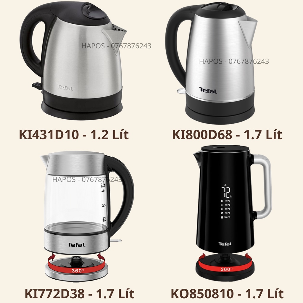 Ấm siêu tốc Tefal dung tích 1.2 - 1.7 lít, bình đun nước mini tự ngắt khi nước sôi và cạn nước - HAPOS