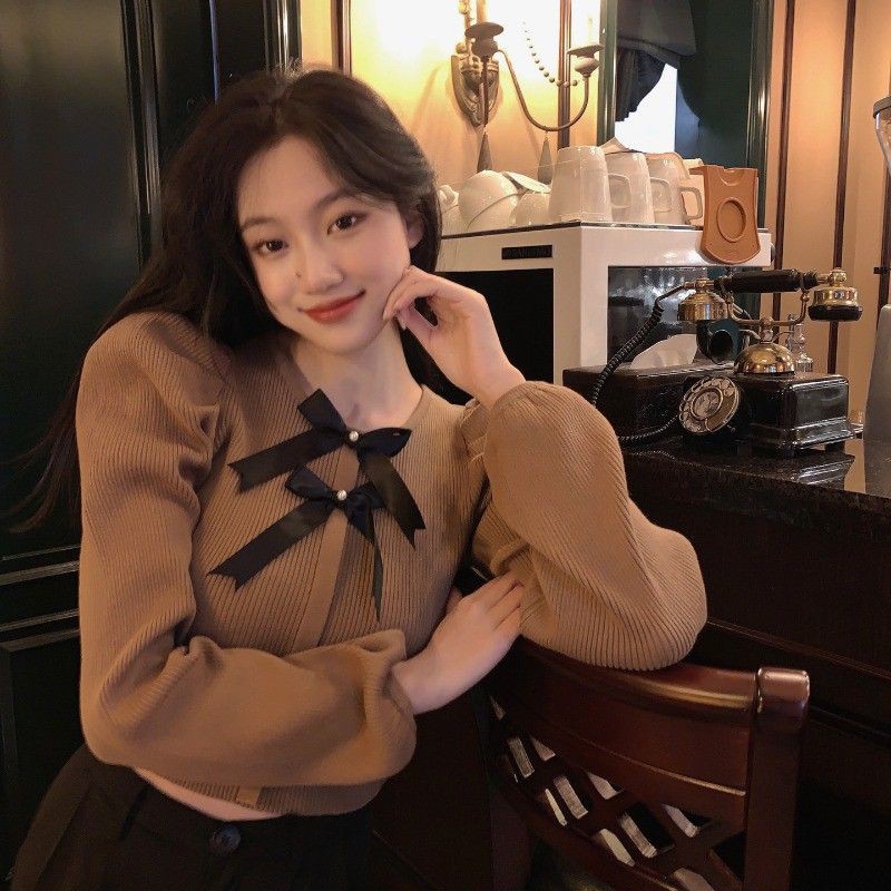Áo len dáng ôm nơ cổ tay bồng nữ tính công chúa ulzzang A01 - Có ảnh thật