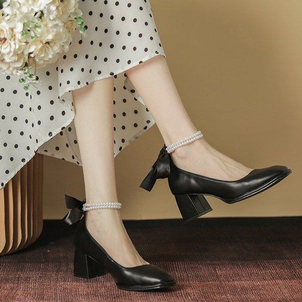 Giày Cao Gót Mũi Vuông Đính Nơ Phong Cách Pháp Mới 2021 Cho Nữ