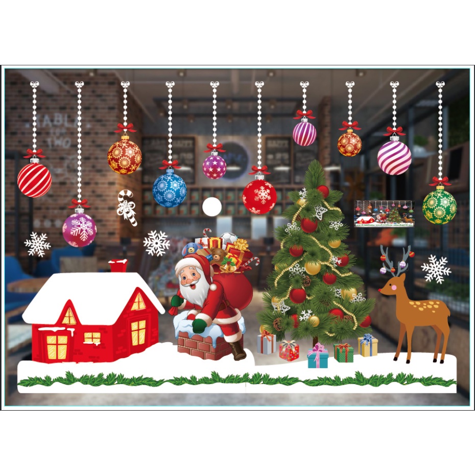 Decal Trang Trí Noel Hai Mặt Hít Tĩnh Điện Không Dơ Kính- Nhà Đỏ Phủ Tuyết