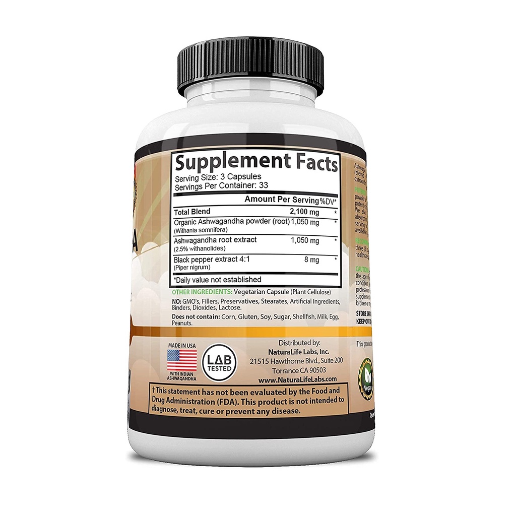 NaturaLife Labs Viên uống Ashwagandha hữu cơ 2100mg với tiêu đen giúp giảm căng thẳng, lo âu, hỗ trợ tuyến giáp 100 viên