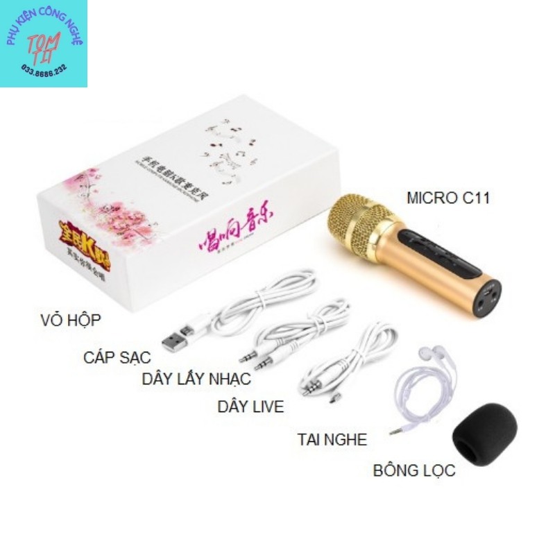 Bộ Micro C11 Live Stream, Hát Karaoke Chuyên Nghiệp Mới, Đầy Đủ Phụ Kiện Tai Nghe, Cáp Sạc, Dây LiveStream