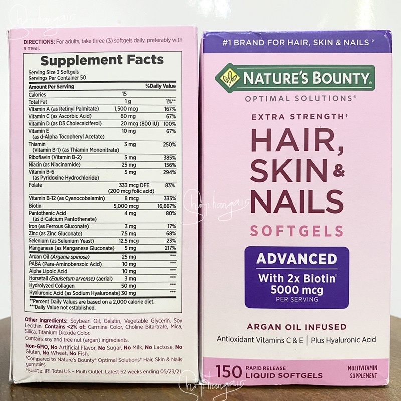 Viên mọc tóc, giảm rụng, chắc khoẻ móng Nature’s Bounty biotin hair skin nails 150v mẫu mới