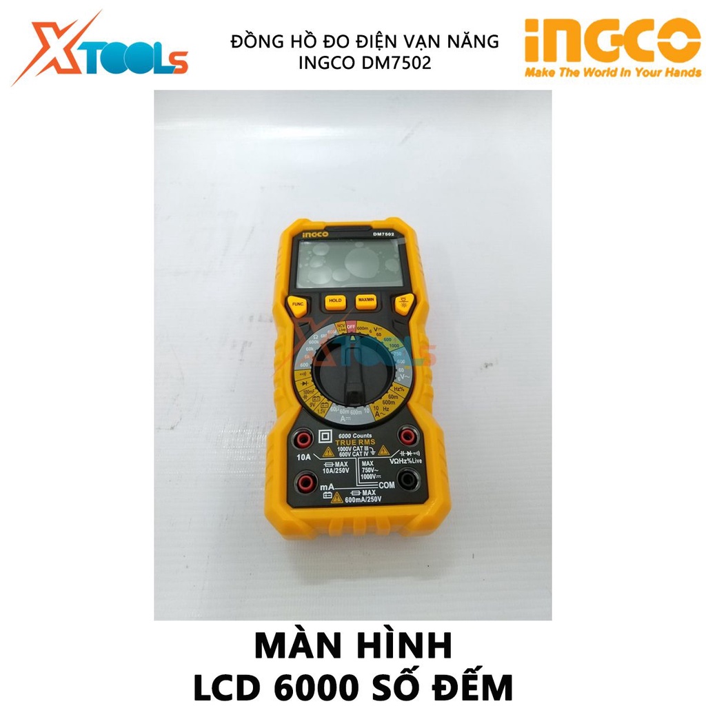 Đồng hồ vạn năng kỹ thuật số INGCO DM7502 | Đồng hồ đo điện vạn năng Màn hình LCD, số đếm 6000 Điện áp DC 600mV/6V/60V/6