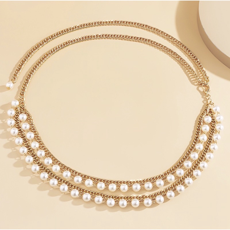 Belt xích lồng dây đính ngọc trai nhân tạo/ Thắt lưng kim loại/ Đai váy thiết kế nhiều lớp cá tính dành cho phái nữ
