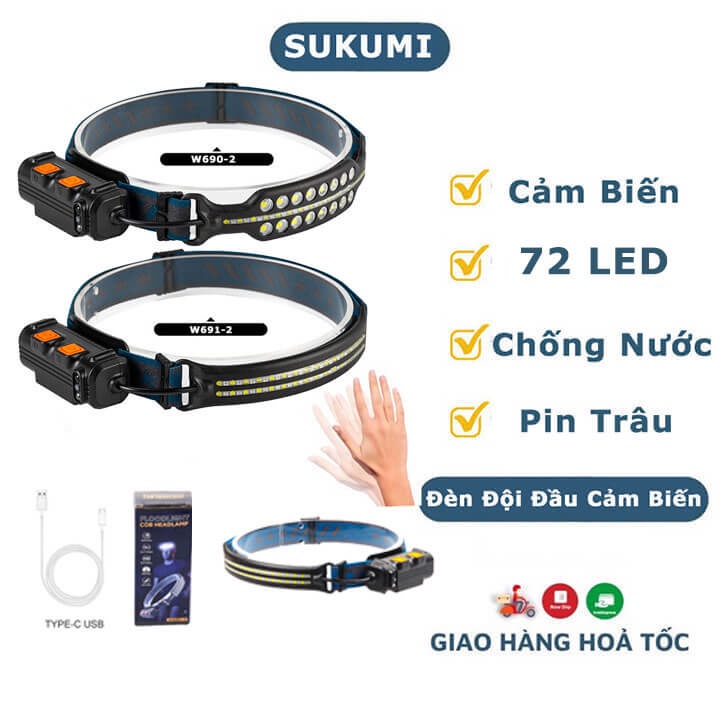 Đèn pin đội đầu siêu sáng cảm biến vẫy tay 62 Led, chống thấm nước IPX6, pin trâu, đèn đeo trán pha rộng sạc Type-C USB