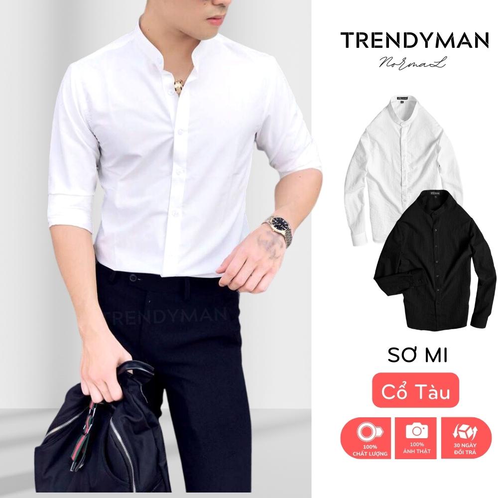 Áo sơ mi nam dài tay cổ tàu Trendyman vải lụa co giãn chống nhăn cao cấp