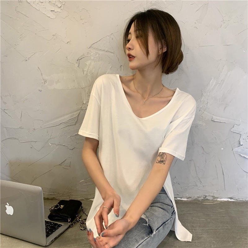 WANGJIAOZHAN Mới Áo Thun Tay Ngắn Cổ Chữ v Dáng Rộng Xẻ Tà Quyến Rũ Trẻ Trung Hợp Thời Trang