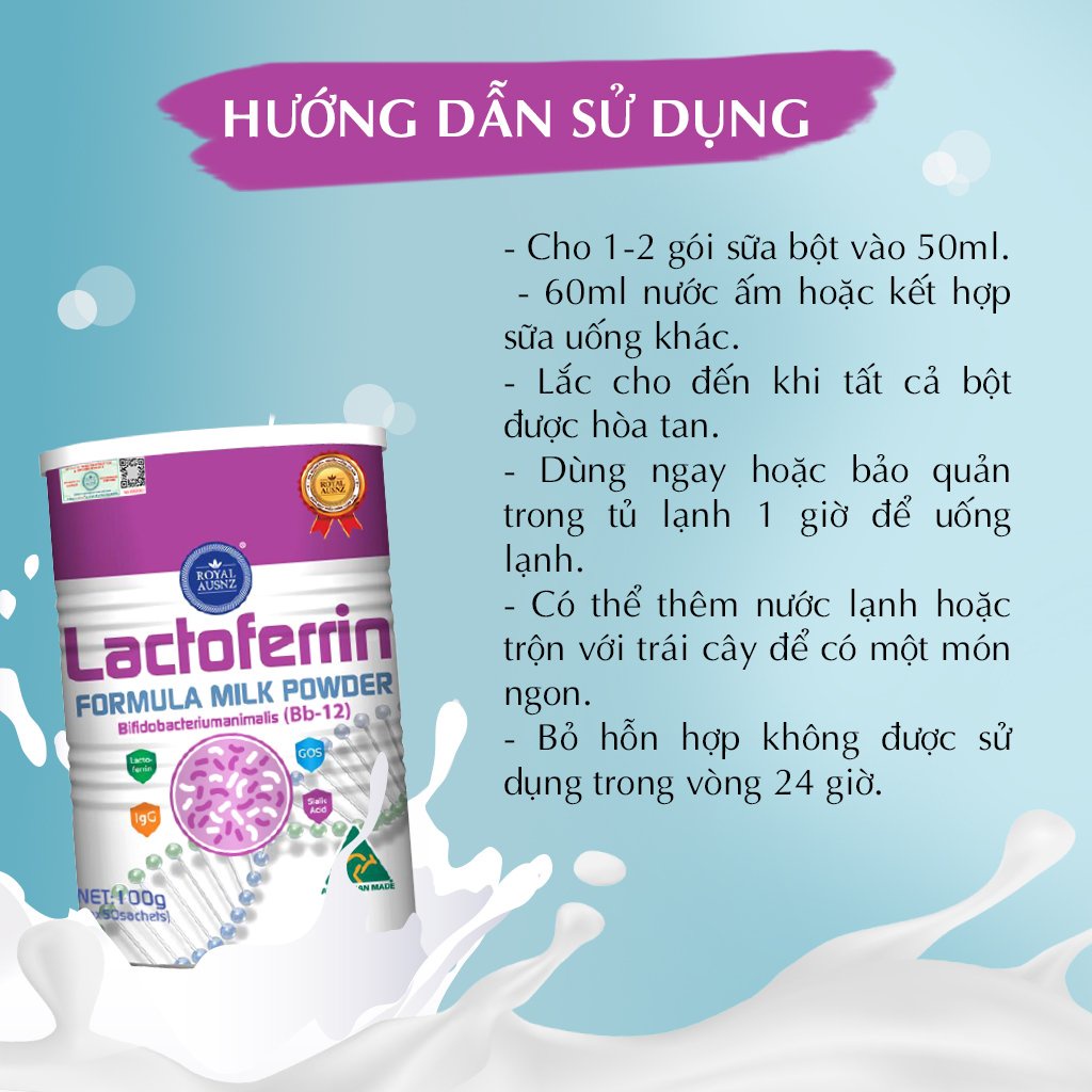 Combo 3 Hộp Sữa Bột ROYAL AUSNZ Lactoferrin Formula Milk BB-12 Tăng Cường Sức Đề Kháng Cho Trẻ 100g/hộp