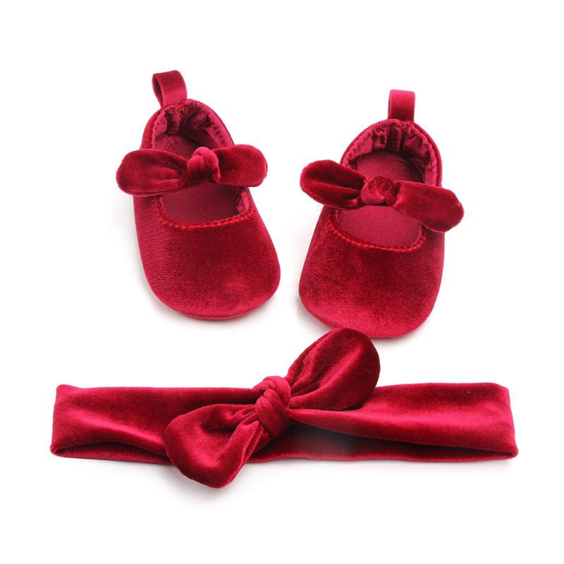 Bộ 2 món / bổ đôi giày tập đi bằng cotton phối nơ chống trượt + băng đô xinh xắn cho bé sơ sinh