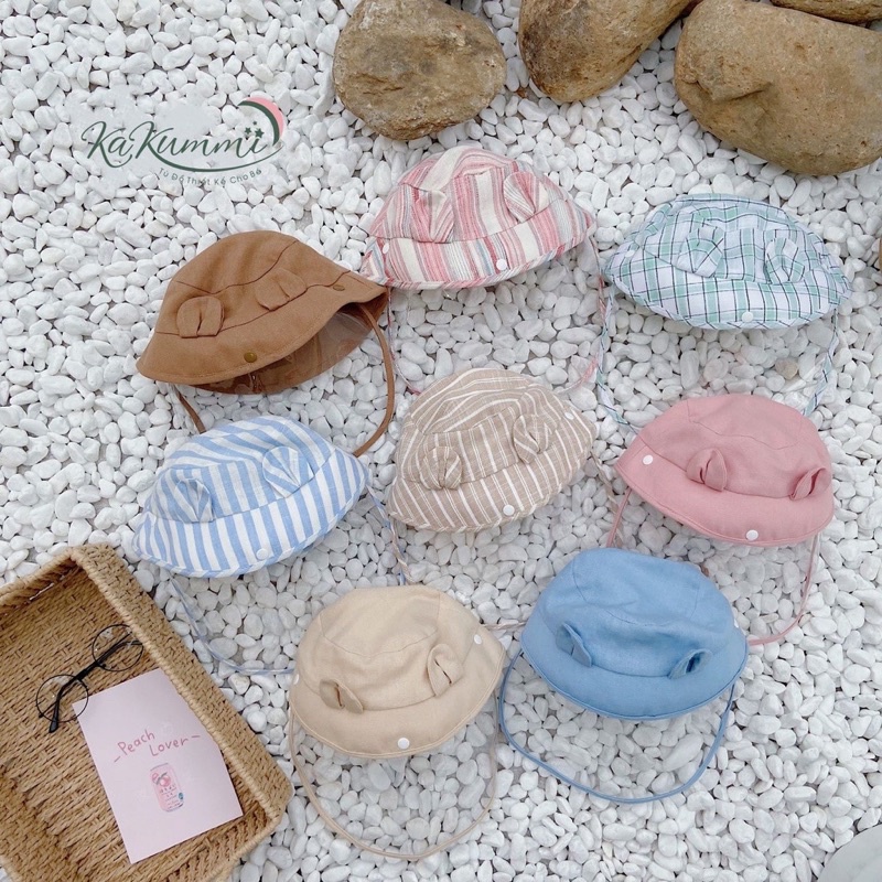 Mũ nón vành tròn linen cho bé trai gái, mũ nón trẻ em kèm tấm chắn phòng dịch tháo rời.