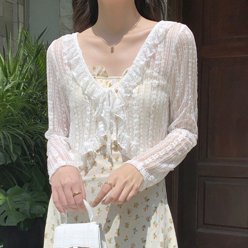 Áo Khoác Cardigan Tay Dài Phối Ren Lưới Thời Trang Cho Nữ