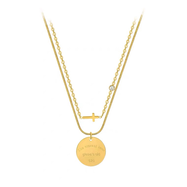 Dây Chuyền Hai Lớp Bằng Thép Titan Mạ Vàng 18K Hai Lớp Sang Trọng Phong Cách Hàn Quốc