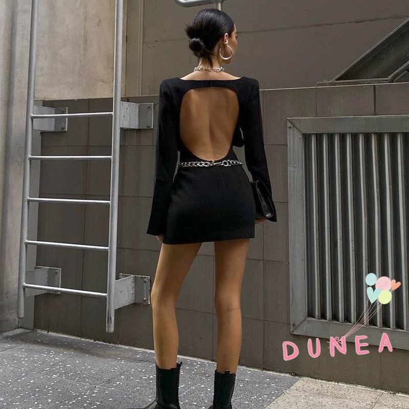 Đầm tay dài cổ vuông hở lưng phối dây xích thời trang quyến rũ cho nữ