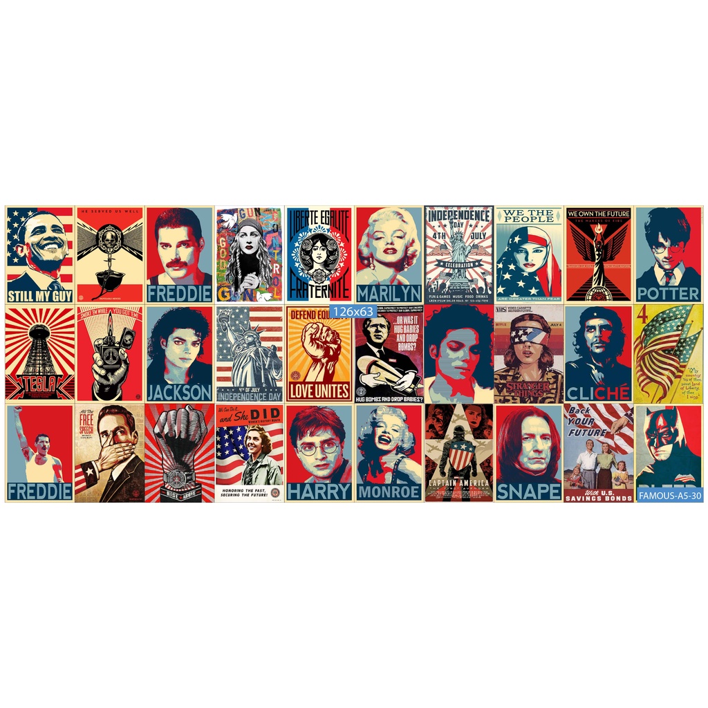 Combo Set 30 tờ Decal dán tường chủ đề FAMOUS A3,A4,A5