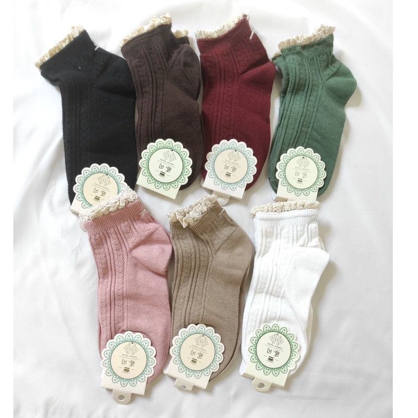 Vớ trơn nữ viền bèo, tất cổ thấp màu trơn viền xoăn nữ vintage NEKO